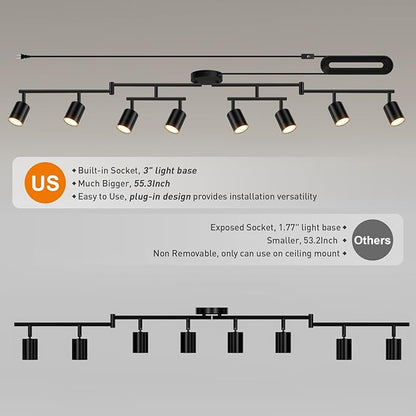 Plug in Track Lighting, LED Track Lighting Fixtures Ceiling, Black 8-Light Kitchen Light Kit, Plug in Wall Light with 14.8ft Power Cord, Rotatable Ceiling Spotlight for Bedroom(GU10 Socket, NO Bulb)