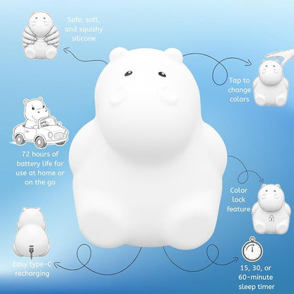 LumiPets Honey the Hippo Silicone Night Light for Kids | Squishy Lamp with Tap & Remote Control | Rechargeable, 9 Color Changing Animal Night Light for Boys & Girls | Portable Nightlight With USB Cord