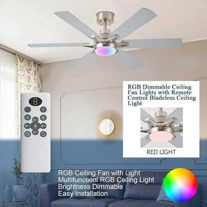 52in Ceiling Fans with Lights RGB Ceiling Fan with Light and Remote/APP Control,Low Profile Ceiling Fans with Lights for Bedroom,Living Room,Kids Room,3CCT Dimmable Modern Ceiling Fan, 6 Speeds,Nickel
