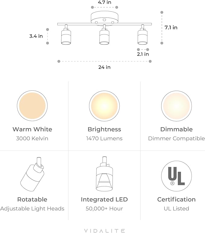 Shura White 3-Light Track Light with Adjustable Heads, Integrated LED Bulbs, 2 ft. Track Lighting Kit Ceiling Light, 3000k, 1470 Lumens