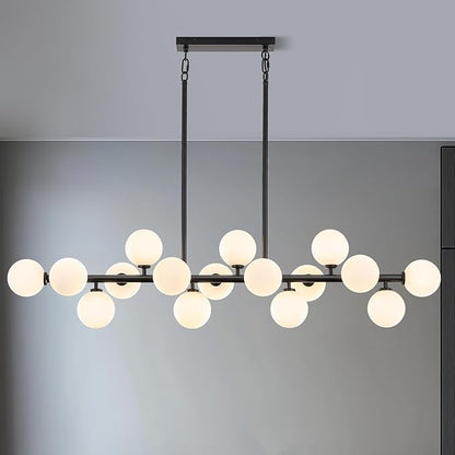 56 Inch Black Linear Chandeliers for Dining Room, Kitchen Island, Living Room, 16-Light Mid Century Modern Light Fixture Over Table, Large Milk White Glass Globe Sputnik Bubble Chandelier