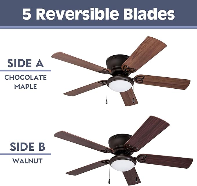 Prominence Home Benton Traditional 52 Inch Ceiling Fan with Light, LED Flush Mount Ceiling Fan, Indoor Fan with 5 Blades, Brown Walnut and Brown Maple Blade Finish Options, Bronze (51429-01)