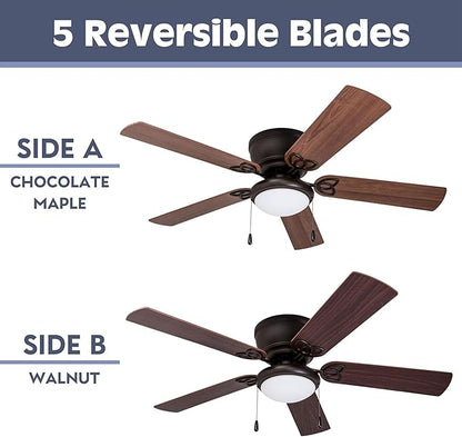 Prominence Home Benton Traditional 52 Inch Ceiling Fan with Light, LED Flush Mount Ceiling Fan, Indoor Fan with 5 Blades, Brown Walnut and Brown Maple Blade Finish Options, Bronze (51429-01)