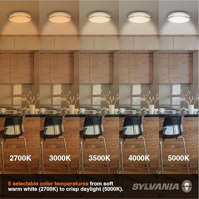 Sylvania 12" Flush Mount LED Ceiling Light Fixture, 25W, 5 CCT Select (2700K - 5000K), Dimmable, 1800 LMS, Brushed Nickel, LED Lights for Bedroom Kitchen Hallway - 1 Pack (66458)
