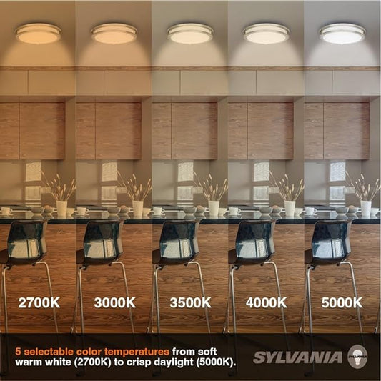 Sylvania 12" Flush Mount LED Ceiling Light Fixture, 25W, 5 CCT Select (2700K - 5000K), Dimmable, 1800 LMS, Brushed Nickel, LED Lights for Bedroom Kitchen Hallway - 1 Pack (66458)