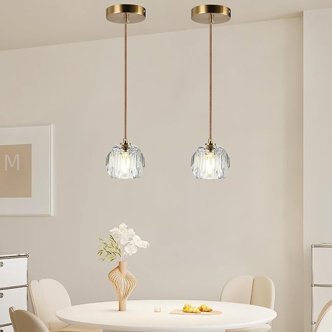 Modern Small Chandelier Light Fixture, Brass 1 Light Hanging Lights, Raindrop Clear Crystal Pendant Lighting for Kitchen Island Living Room Entryway Bedroom Dining Room