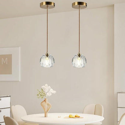 Modern Small Chandelier Light Fixture, Brass 1 Light Hanging Lights, Raindrop Clear Crystal Pendant Lighting for Kitchen Island Living Room Entryway Bedroom Dining Room
