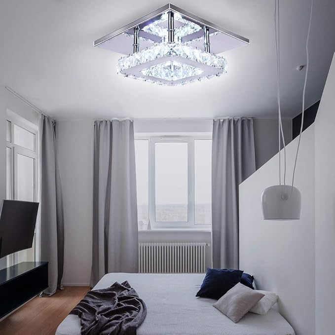 Modern Crystal Chandelier 7.9 Inches Led Ceiling Light Mini Square Flush Mount Ceiling Light for Bedrooms Dinning Rooms Hallway(Cool White,15W)