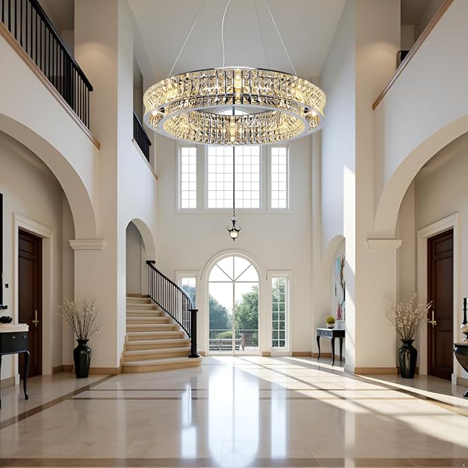 Modern Crystal Chandelier Round 16-Light Contemporary Hanging Ceiling Light Fixture Chrome Finish with Clear Rectangular Crystals Dining Room Living Room Bedroom Entryway Lighting Easy Install 31.5''