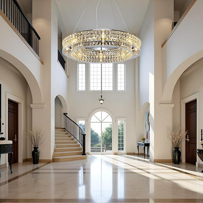 Modern Crystal Chandelier Round 16-Light Contemporary Hanging Ceiling Light Fixture Chrome Finish with Clear Rectangular Crystals Dining Room Living Room Bedroom Entryway Lighting Easy Install 31.5''