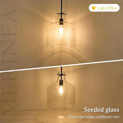12" Black Seeded Glass Pendant Light Modern Hanging Ceiling Light for Kitchen Island Dining Room Hallway Farmhouse Hand-Blown Bubble Glass Lighting, E26 Socket