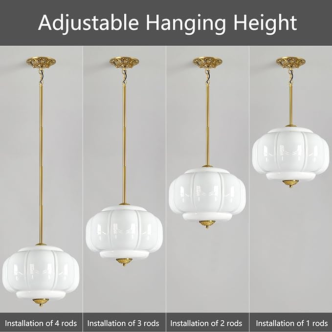 Milk Glass Pendant Light, 15 Inch White Handblown Shade with Antique Brass Hardware, Adjustable Hanging Rod Vintage Chandelier, Dimmable E26 Base Fixture for Kitchen Island, Dining Room, Livingroom