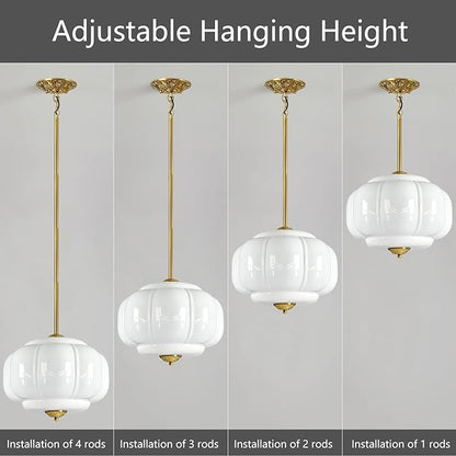 Milk Glass Pendant Light, 15 Inch White Handblown Shade with Antique Brass Hardware, Adjustable Hanging Rod Vintage Chandelier, Dimmable E26 Base Fixture for Kitchen Island, Dining Room, Livingroom