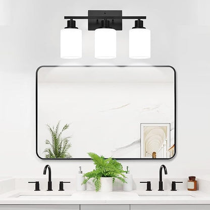 MOKATNG 3-Light Bathroom Light Fixtures, Vanity Light with Milky White Shades, Matte Black Bathroom Light Fixtures Over Mirror, Modern Bathroom Wall Lamp for Mirror Living Room Cabinet Bedroom