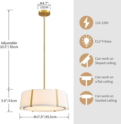 Shrine Lighting Drum Chandeliers, Modern Style, Drum Pendant Light for Living Space, D18'' x H6'', Adjustable Chains 39.4'', E12*4 Sockets, White Lampshade & Brass Finish