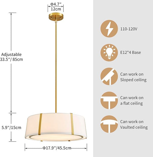 Shrine Lighting Drum Chandeliers, Modern Style, Drum Pendant Light for Living Space, D18'' x H6'', Adjustable Chains 39.4'', E12*4 Sockets, White Lampshade & Brass Finish