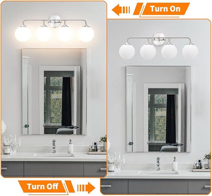 Modern 4-Lights Brushed Nickel Vanity Lights Over Mirror, Bathroom Lighting Fixtures with Milk White Globe Glass Shade, Industrial Bathroom Wall Sconce for Dressing Table Bedroom Living Room