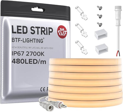 BTF-LIGHTING FCOB COB LED Strip IP67 Waterproof Flexible High Density Uniform Diffused Neon Light 16.4FT DC24V Warm White 2700K 480LED/m CRI 90+ for Indoor Decor(No Adapter or Controller)
