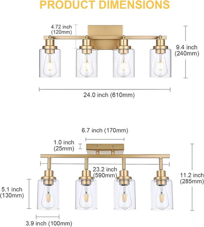 4-Light Gold Track Lighting Kits, Multi-Directional Rotating Kitchen Ceiling Tracking Light Fixture with Clear Glass, Modern Bathroom Ceiling Vanity Track Lights for Kitchen Island Accent Shop