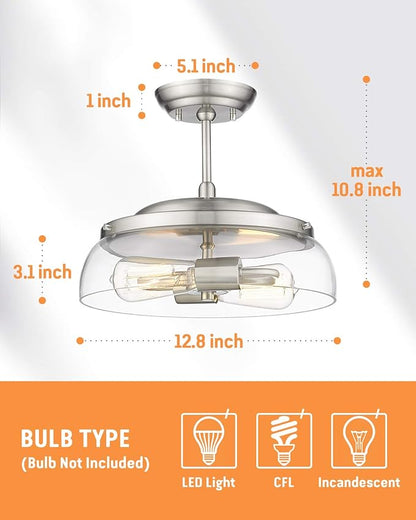 EAPUDUN Semi Flush Mount Ceiling Light, 2-Light Modern Light Fixture with Clear Glass Shade, Brushed Nickel Finish for Hallway Corridor Kitchen Bathroom Bedroom Passway, SMA1124-BNK