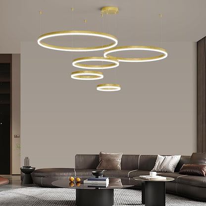 Mikeru Modern 5 Ring Chandelier Light, LED Pendant Light Fixtures with Remote Control 3000k-6500K Adjustable Color Temperature Light for Living Room, Kitchen