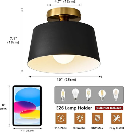 Modern Semi Flush Mount Ceiling Light 2 Pack,Metal Ceiling Light Fixture,E26 Ceramic Lamp Head,Black and Gold Ceiling Lamp for Hallway Kitchen Entryway Bedroom Laundry Room (10Inch)