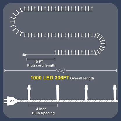 RPGT Christmas Light 1000 LEDs 336ft Green Cable Wire Fairy String Tree Twinkle Lights Plug in 12 Modes for Christmas Party, Outdoor, Garden, Wedding, Home Decoration (White)