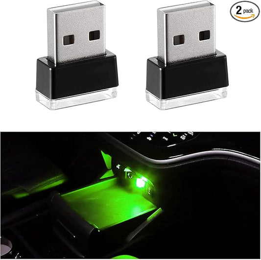 2 PCS USB LED Car Interior Atmosphere Lamp, Portable Mini LED Night Light, Plug-in USB Interface Trunk Ambient Lighting Kit, Universal Interior Car Accessories (Green)