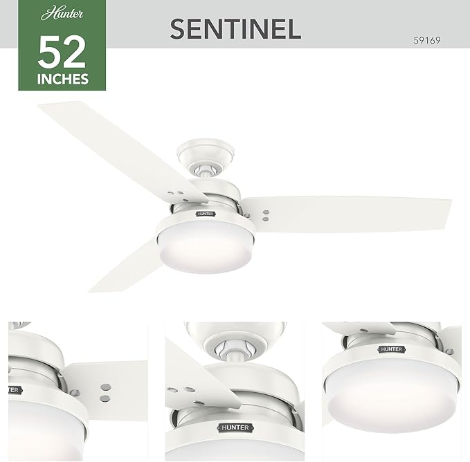 Hunter 52 inch Indoor Ceiling Fan with LED Light and Remote Control - Standard Mount White Ceiling Fan, 3 Blades, For Bedroom, Living Room, or Kitchen - Sentinel 59169, Fresh White
