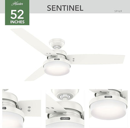 Hunter 52 inch Indoor Ceiling Fan with LED Light and Remote Control - Standard Mount White Ceiling Fan, 3 Blades, For Bedroom, Living Room, or Kitchen - Sentinel 59169, Fresh White
