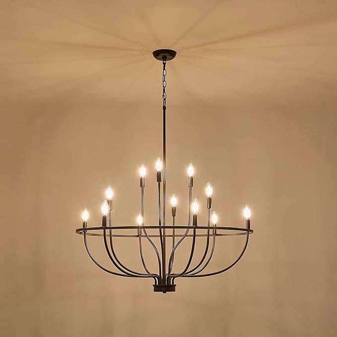 12-Light Farmhouse Oil Rubbed Bronze Chandelier Large High Ceiling Foyer Metal Candle Chandeliers for Dining Room Hanging Lighting for Kitchen Living Room Entryway, 36in