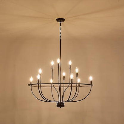 12-Light Farmhouse Oil Rubbed Bronze Chandelier Large High Ceiling Foyer Metal Candle Chandeliers for Dining Room Hanging Lighting for Kitchen Living Room Entryway, 36in