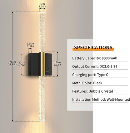 Battery Operated Wall Sconces Set of 2, 28in Rechargeable Wireless Wall Lights, 8000mAh Dimmable Modern LED Wall Lamp Fixtures with Timer Function for Living Room Bedroom Bathroom Hallway, Black