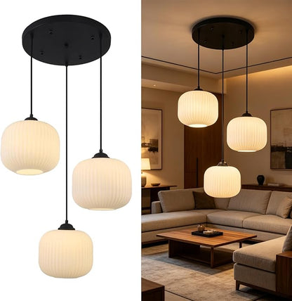 3 Cluster Pendant Light Fixture Ribbed Milk Glass Pendant Light Modern Globe Cluster Chandelier Contemporary Kitchen Pendant Lights Black Farmhouse Chandeliers for Dining Room