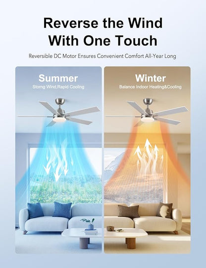 Rayqueen 52 Inch Ceiling Fans with Lights and Remote, 6 Speed Reversible DC Motor, 3CCT Dimmable LED, Modern Brushed Nickel Ceiling Fan for Bedroom, Living room & Covered Outdoor,Includes Downrod