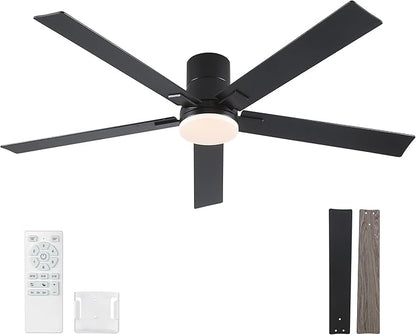 60 Inch Ceiling Fans with Lights and Remote,Flush Mount Black Ceiling Fan with 5 Blades,6 Speed Reversible DC Motor,3CCT Dimmable LED-Low Profile Design for Bedroom, Living room & Covered Outdoor