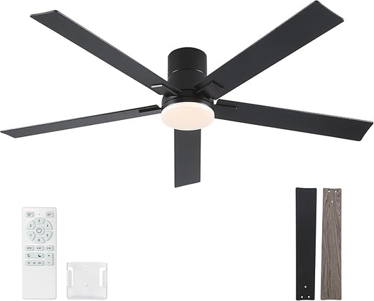 60 Inch Ceiling Fans with Lights and Remote,Flush Mount Black Ceiling Fan with 5 Blades,6 Speed Reversible DC Motor,3CCT Dimmable LED-Low Profile Design for Bedroom, Living room & Covered Outdoor