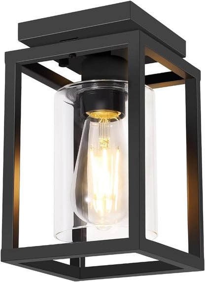 Baocuz Semi Flush Mount Ceiling Light Fixture, Black Metal Frame Porch Ceiling Light Fixture with Clear Glass Shade and E26 Ceramic Base, Farmhouse Light Fixtures for Kitchen Entryway Foyer