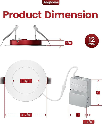 12 Pack 4 Inch Fire Rated Led Recessed Light with Junction Box, 2 Hour Fire Rating,5CCT Selectable Led Ultra Thin Recessed Lighting,9W 700LM CRI90,Dimmable Led Wafer Light,ETL& ES