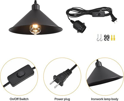 11.8IN Plug in Pendant Light, 2 Pack Industrial Hanging Lamp Black Vintage Pendant Lighting Fixtures with 15ft Cord On/Off Switch for Kitchen Island Dinning Hall, Bedroom