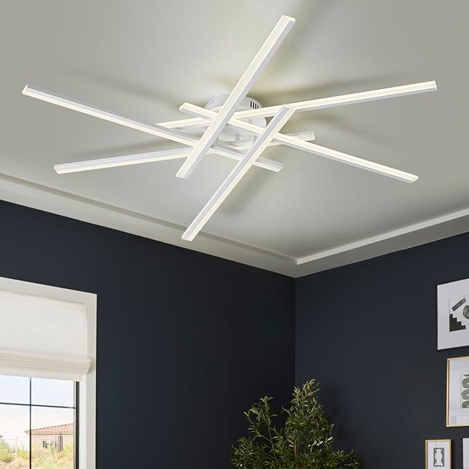 Modern LED Chandelier with Remote Control 6-Lights White Semi-Flush Mount Ceiling Lighting Fixture for Living Room, Bedroom, Dining Room 60W