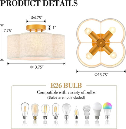 VILUXY Semi Flush Mount Ceiling Light Fixture, 4-Light Modern Ceiling Lights with Linen Shade Farmhouse Gold Close to Ceiling Light for Bedroom Hallway Nursery Entryway, UL Listed