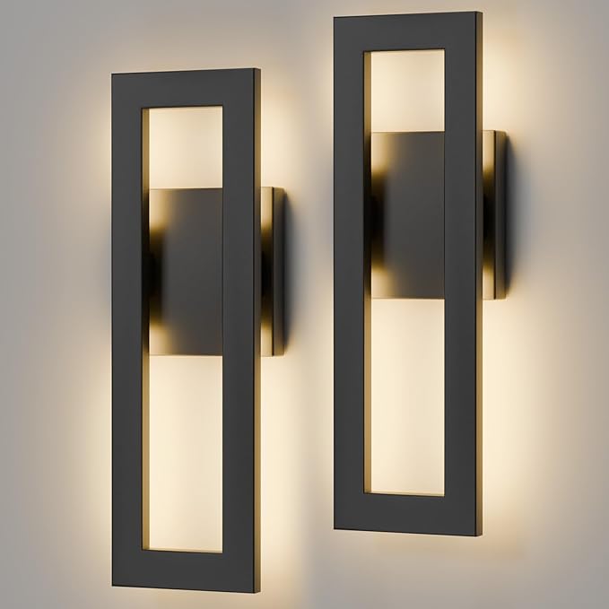 LamQee 14" Modern Outdoor Wall Lights 2 Packs, 3000K 1000LM LED Exterior Lighting Fixtures with Rectangle Frame, Matte Black Linear Outside Sconce Wall Mount for House Front Porch Patio Garage Door