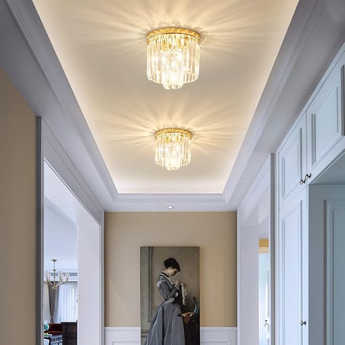 Modern Ceiling Light Crystal Chandelie,2-Tier French Gold Flush Mount Pendant Lighting Fixture for Kitchen Island Light Living Room Bedroom (3-Lights)