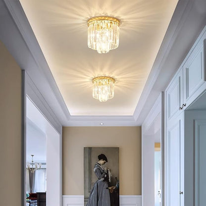 Modern Ceiling Light Crystal Chandelie,2-Tier French Gold Flush Mount Pendant Lighting Fixture for Kitchen Island Light Living Room Bedroom (3-Lights)