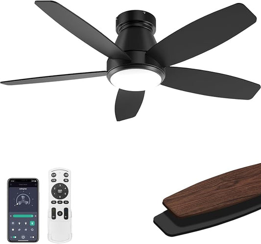 42 Inch Ceiling Fans with Lights, Quiet Reversible Fan with Remote & APP Control, 6-Speed, 3 Color Temperatures Dimmable LED, DC Motor, Low Profile Ceiling Fan for Bedroom Living Room, Black