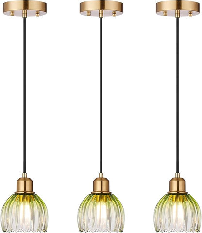 TALOYA Pendant Light 3 Pack with Green Tulip Glass Lmapshade, Brass Vintage Pendant Light Adjustable Hanging Light for Kitchen Island Bedroom Dining Room Hallway& Bar
