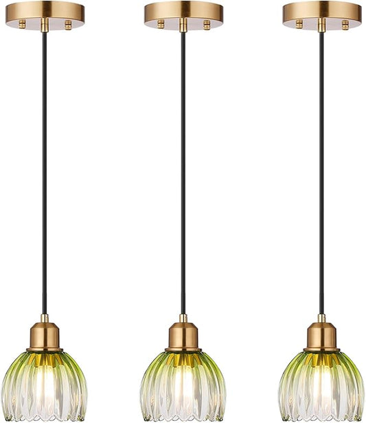 TALOYA Pendant Light 3 Pack with Green Tulip Glass Lmapshade, Brass Vintage Pendant Light Adjustable Hanging Light for Kitchen Island Bedroom Dining Room Hallway& Bar