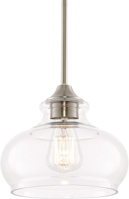 Kira Home Harlow 9" Modern Schoolhouse Pendant Light with Clear Glass Shade, Industrial Farmhouse Silver Hanging Light with Schoolhouse Glass, Brushed Nickel Finish