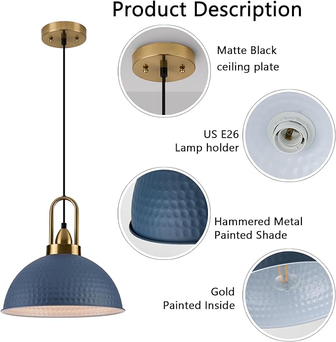 Blue Pendant Lights Kitchen Island Industrial Adjustable Height Vintage Dome Hanging Light Fixtures for Barn, Dining Room 1 Pack